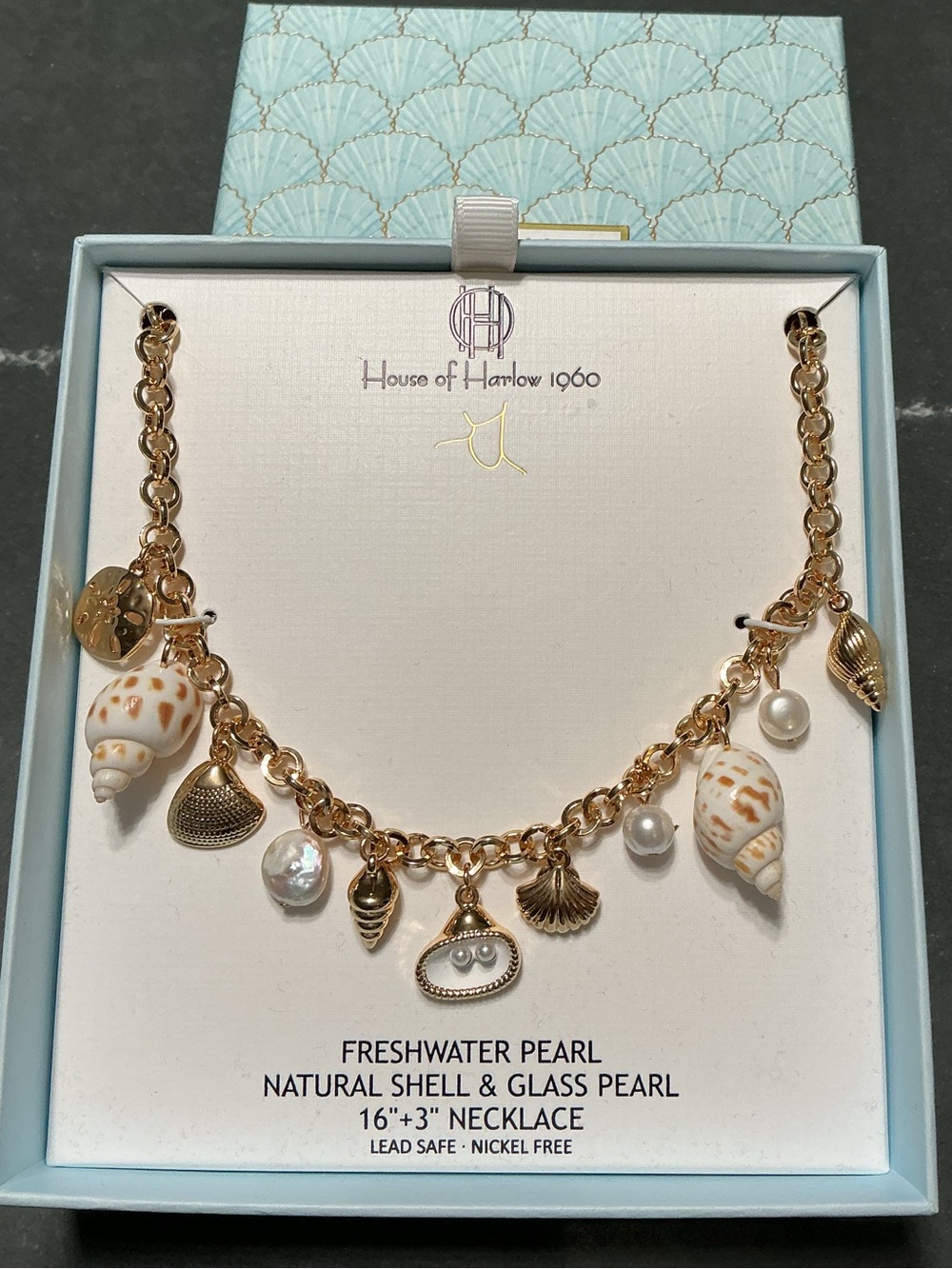 House of Harlow 1960 Gold Shell & Pearl Charm Necklace - White Shells